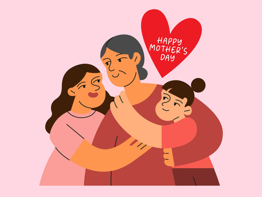 An illustration of three generations of women embracing. There is a heart above, in which is the text 'Happy Mother's Day'