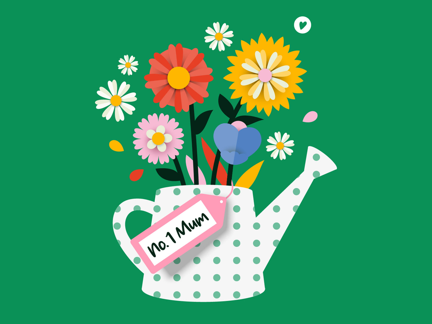 Still image. An illustration of a polka dot watering can filled with colourful flowers. There is a tag on the can with text which reads 'No. 1 Mum'