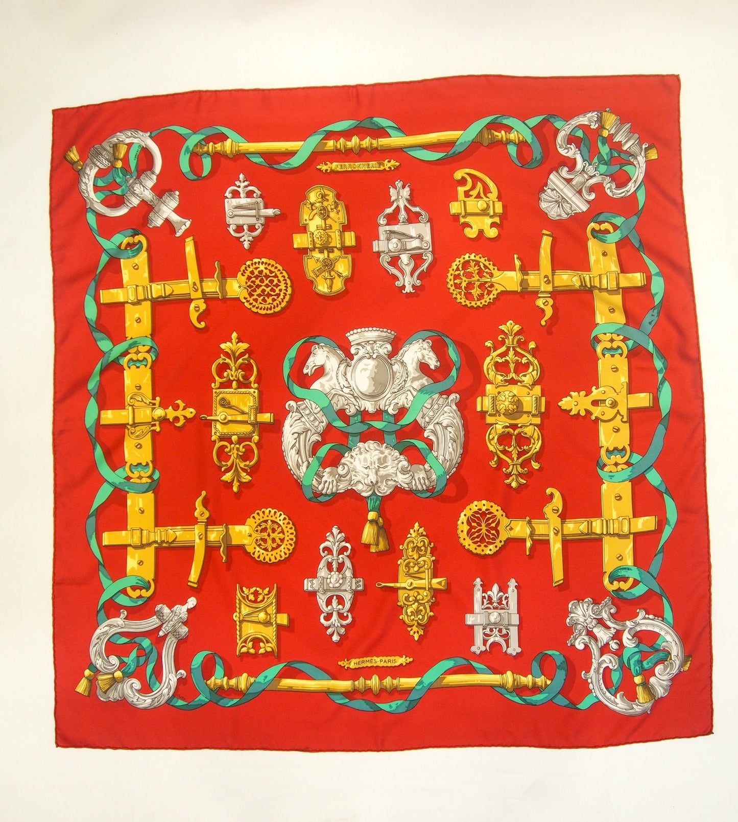 Vintage Hermes 100% silk scarf - Ferronnerie - Caty Latham design - Red
