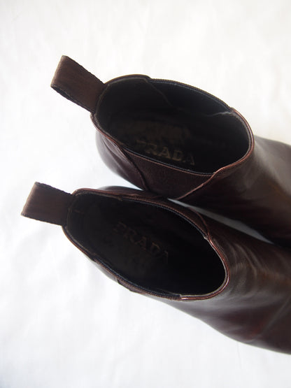 Prada brown leather round toe Chelsea boots - UK 6.5 - Made in France