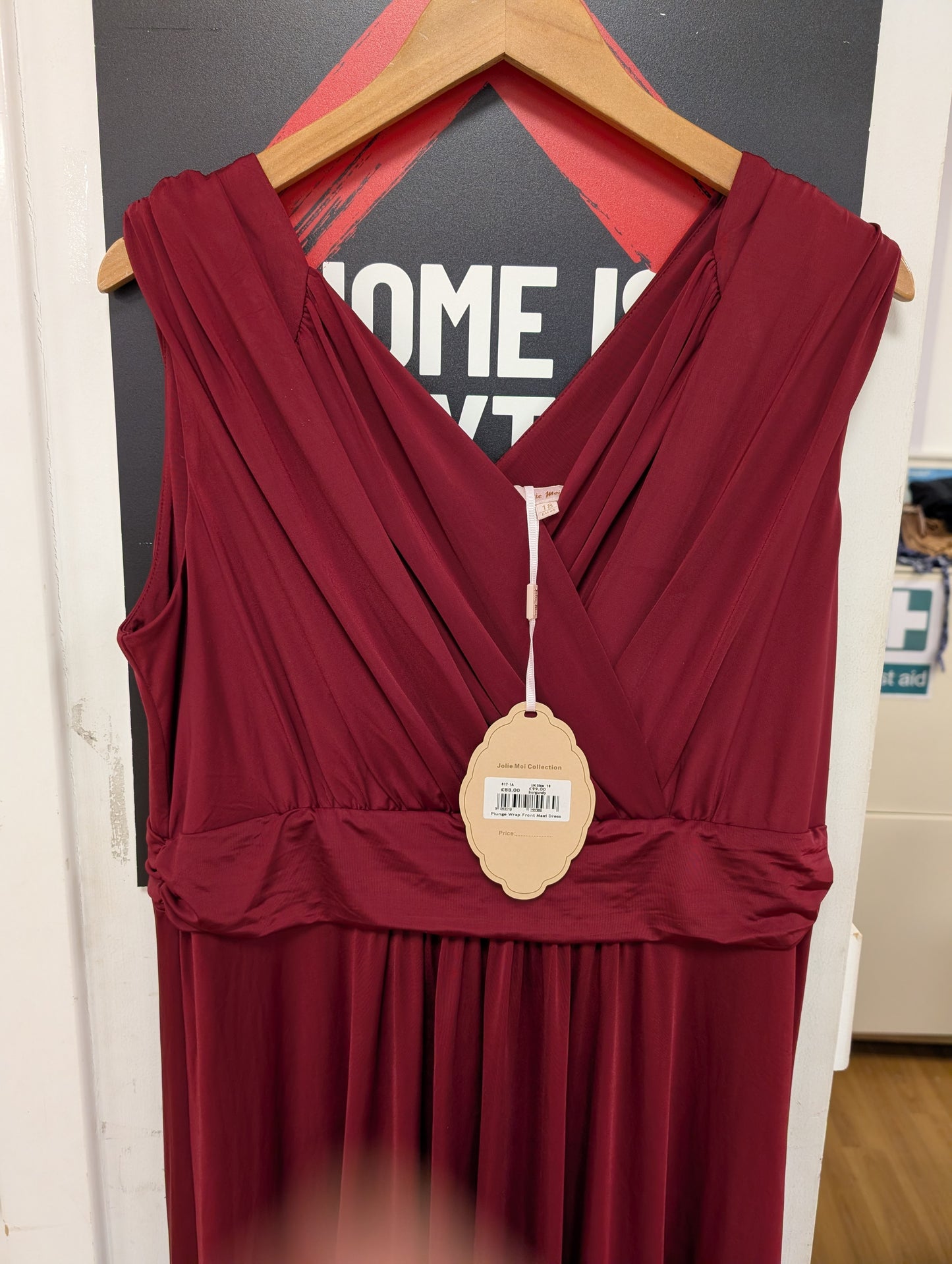 BNWT Jolie Moi Burgundy Plunge Front Wrap Maxi Dress Size 18