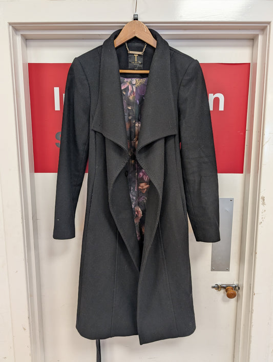 Ted Baker Black Wool Blend Long Coat Size XS
