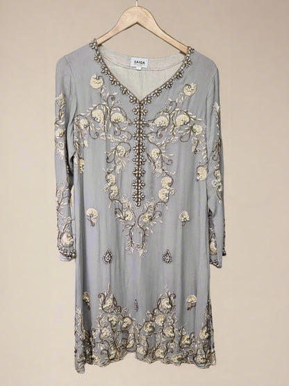 SAIQA MAJEED Grey Embroidered Dress Size Large