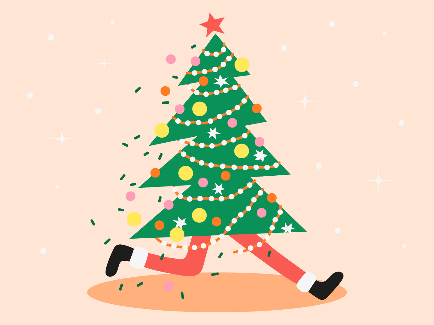 An illustration of a decorated Christmas tree with legs in Santa colours running along.