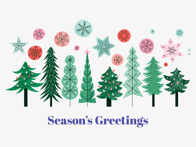 Season's Greetings card with Christmas trees and snowflakes on a white background