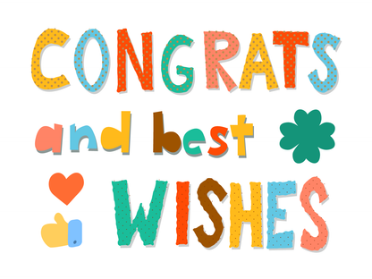 'Congrats and best wishes' written in colourful, bold letters against a white background and next to a heart, a clover leaf and a thumbs up emoji.