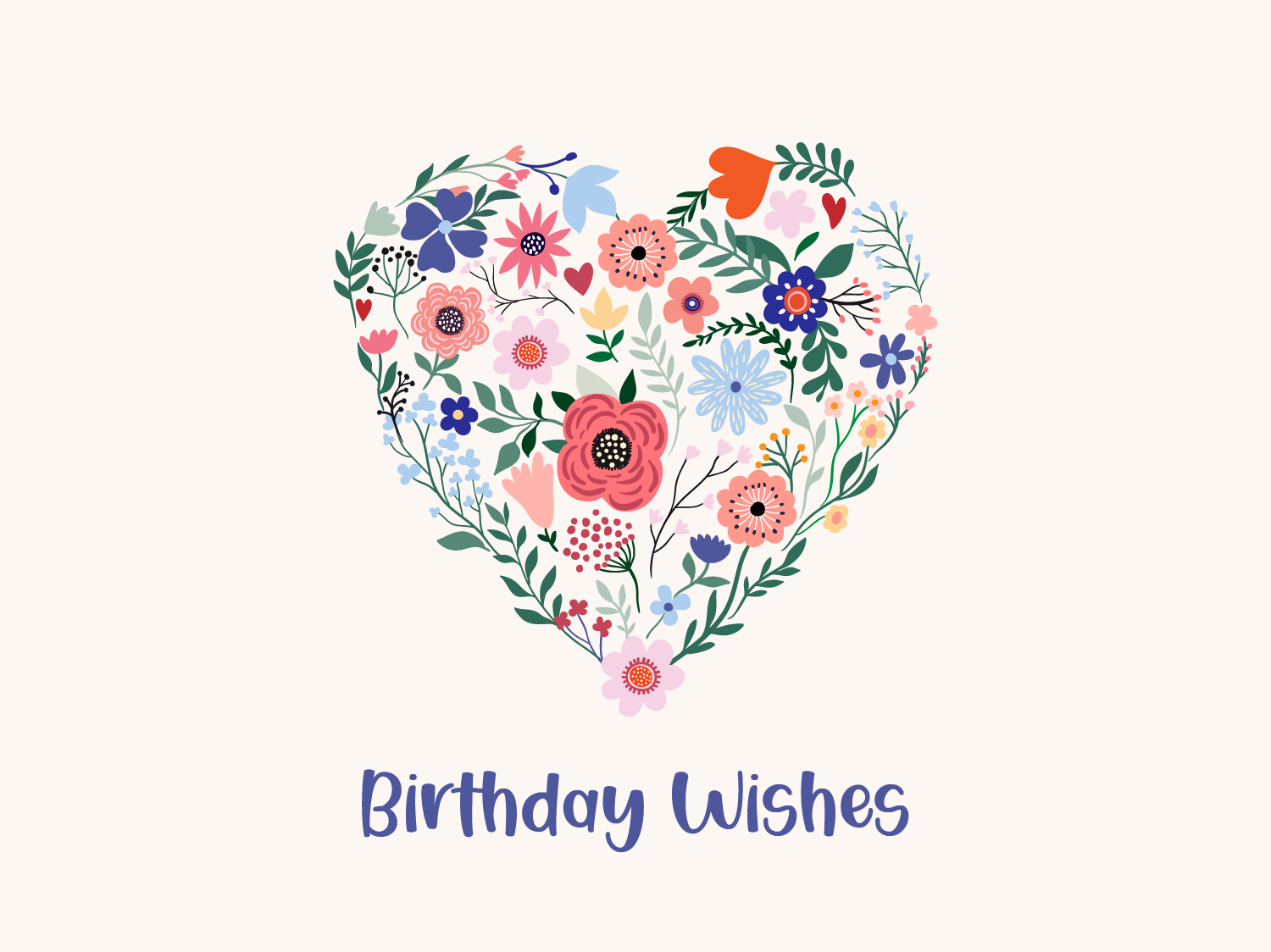 Colourful illustrated flowers in the shape of a heart on a white background, with text: 'Birthday Wishes'.
