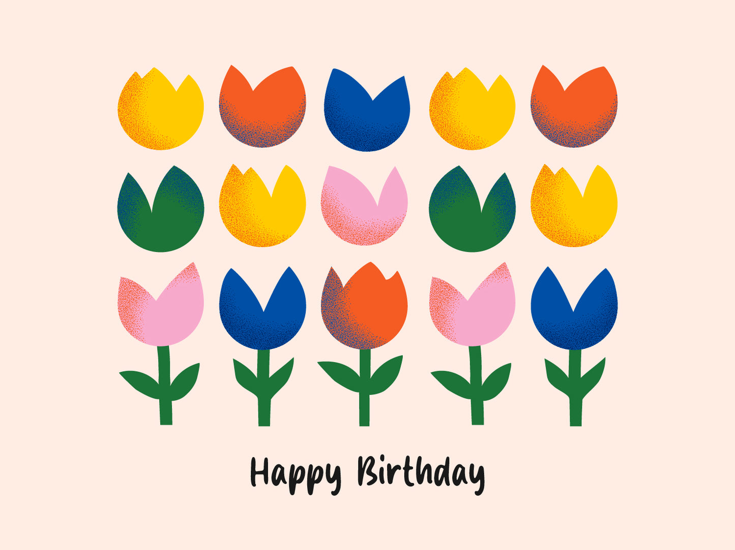 Colorful tulip illustrations with 'Happy Birthday' text on a beige background.