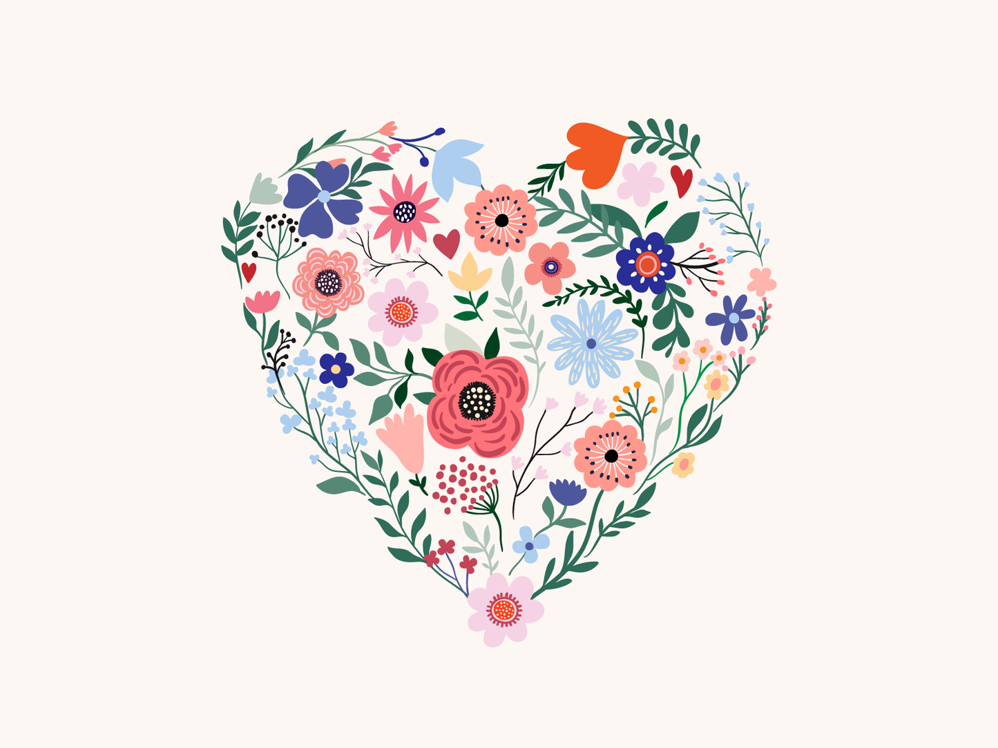 A heart made up of colourful cartoon flowers against a light pink background.
