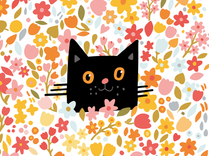 A black cat sitting against a background of colourful flowers.