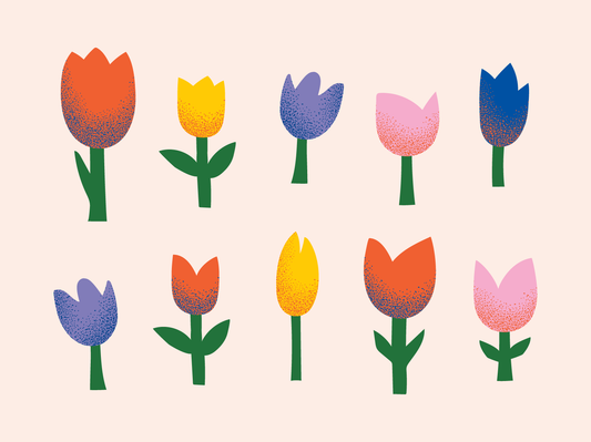 Two rows of colourful cartoon tulips against a light pink background.