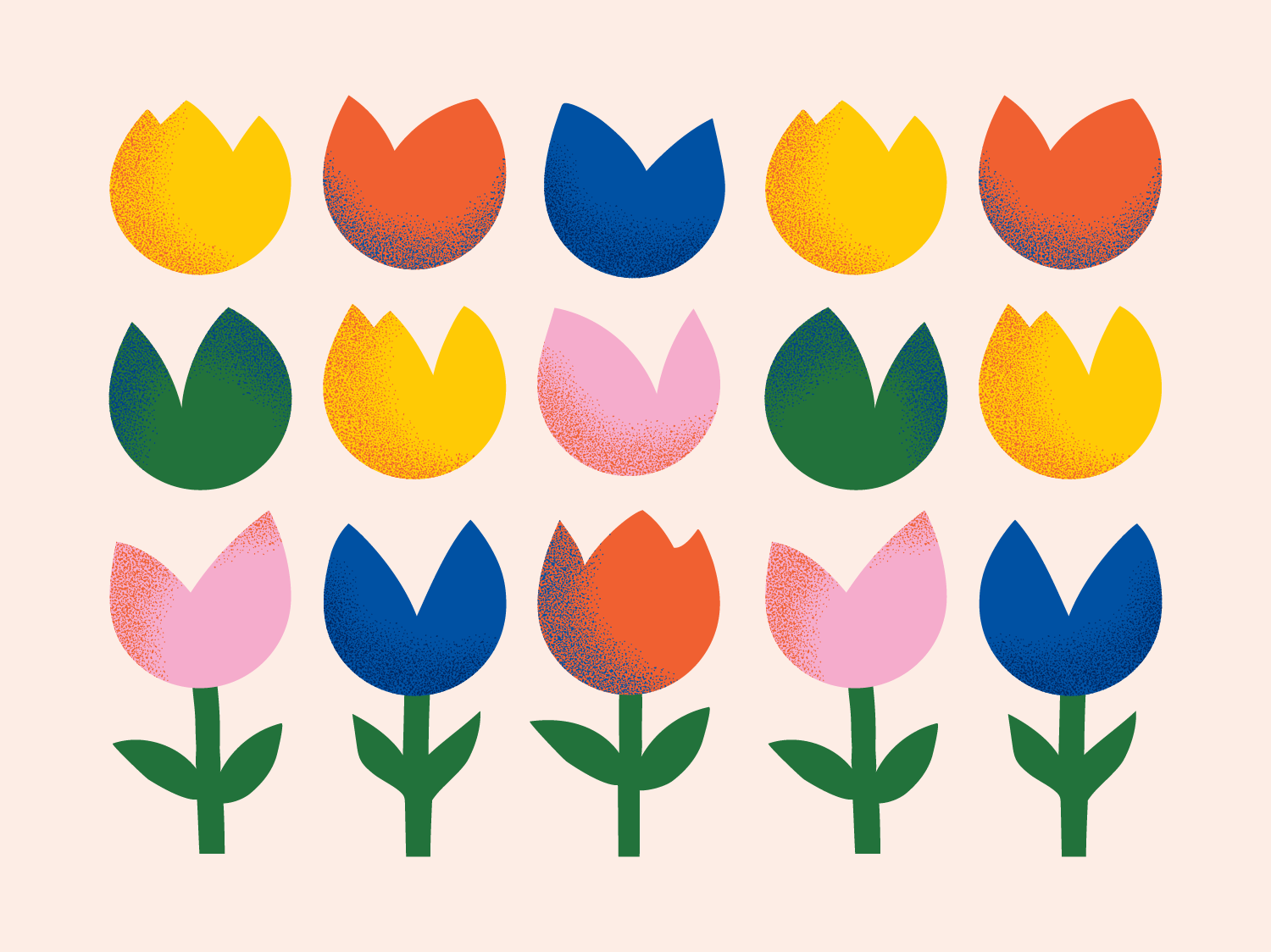 Rows of colourful cartoon flower heads and flowers against a light pink background.