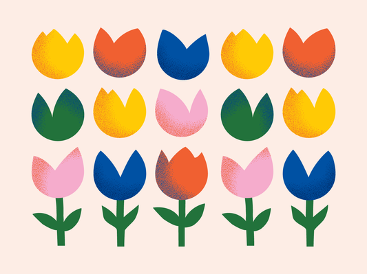 Rows of colourful cartoon flower heads and flowers against a light pink background.