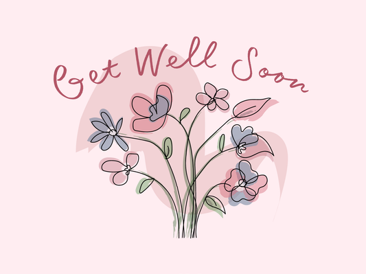 A purple background with line drawings of purple and blue flowers. Text 'Get Well Soon' sits above them.