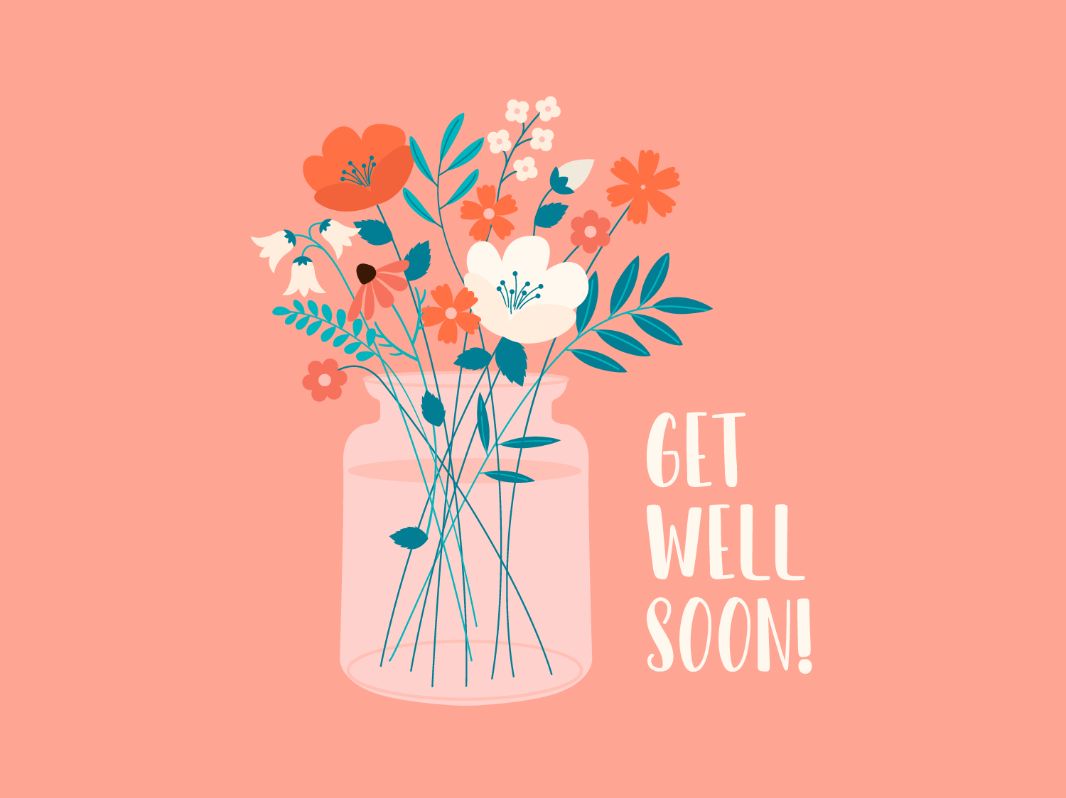 Orange, white and pink flowers in a vase against a peach background. White text reads: 'Get Well Soon!'.