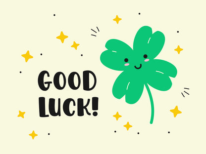 A smiling clover leaf against a background with stars and text: 'Good Luck!'