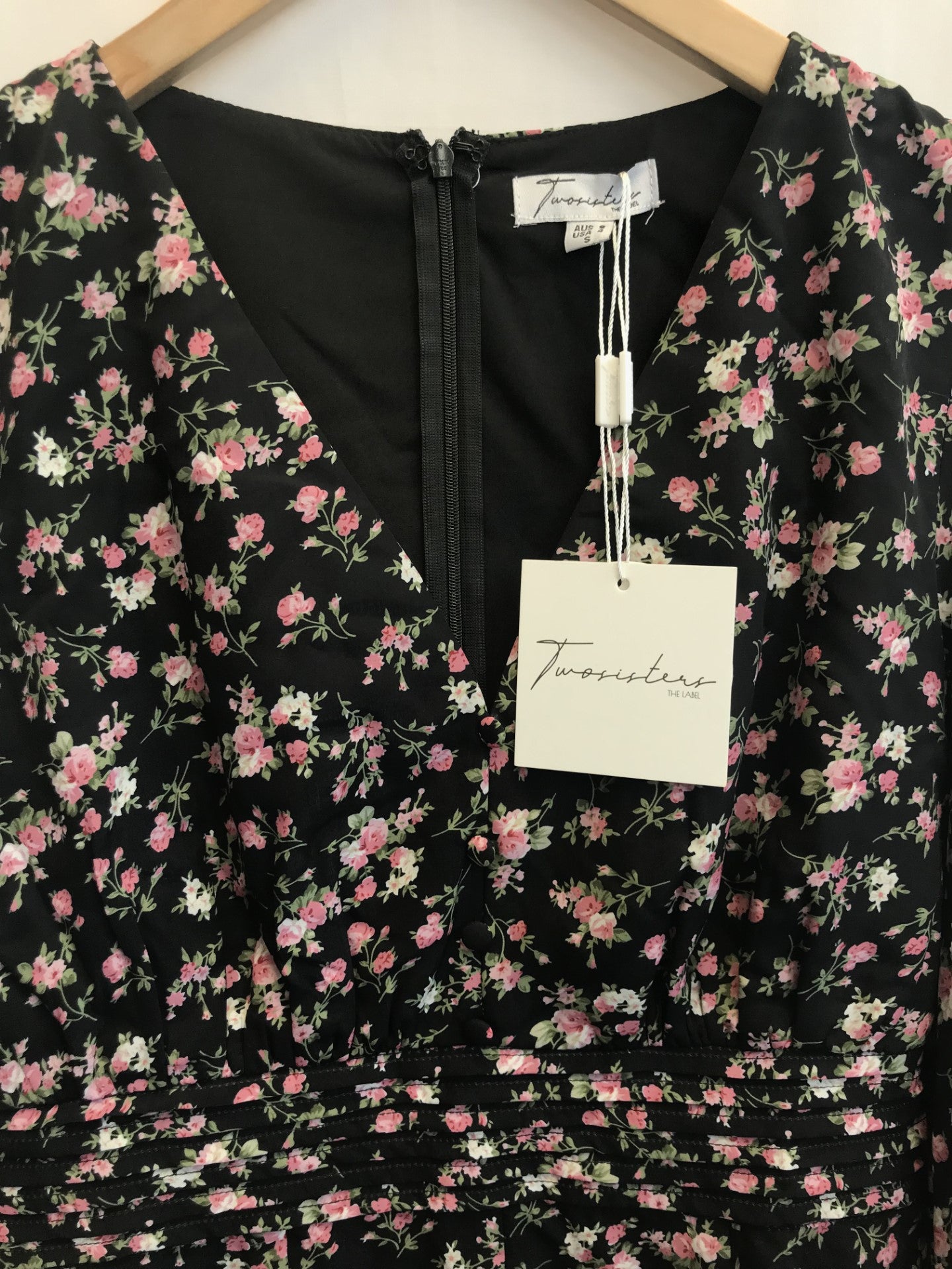 TwoSisters Black and Pink Long Sleeve Floral Dress, Size UK 8, BNWT