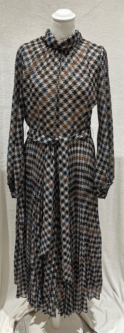 Carolina Herrera Women’s Pleated Midi Dress Size S Houndstooth Print Long Sleeve Belted