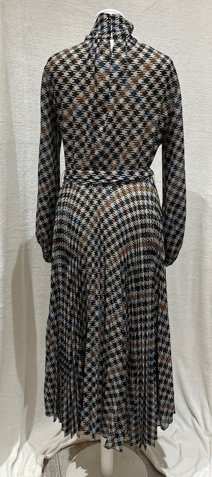 Carolina Herrera Women’s Pleated Midi Dress Size S Houndstooth Print Long Sleeve Belted