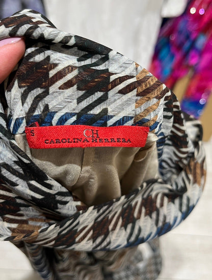 Carolina Herrera Women’s Pleated Midi Dress Size S Houndstooth Print Long Sleeve Belted