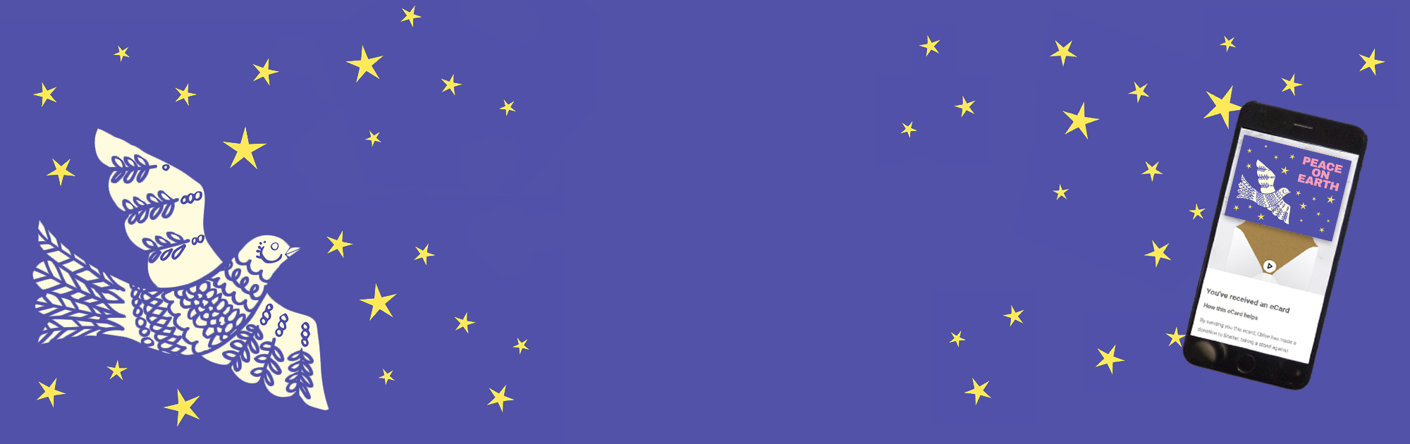 purple background with yellow stars. the left side shows a dove illustration and the right hand side shows an ecard displayed on a phone
