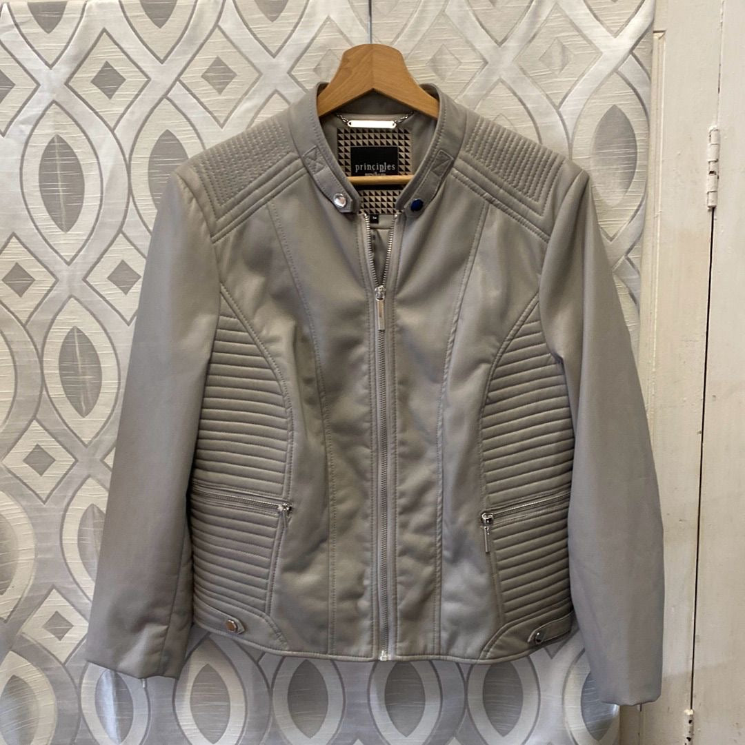Principles Faux Leather Light Grey Biker Style Jacket size 14