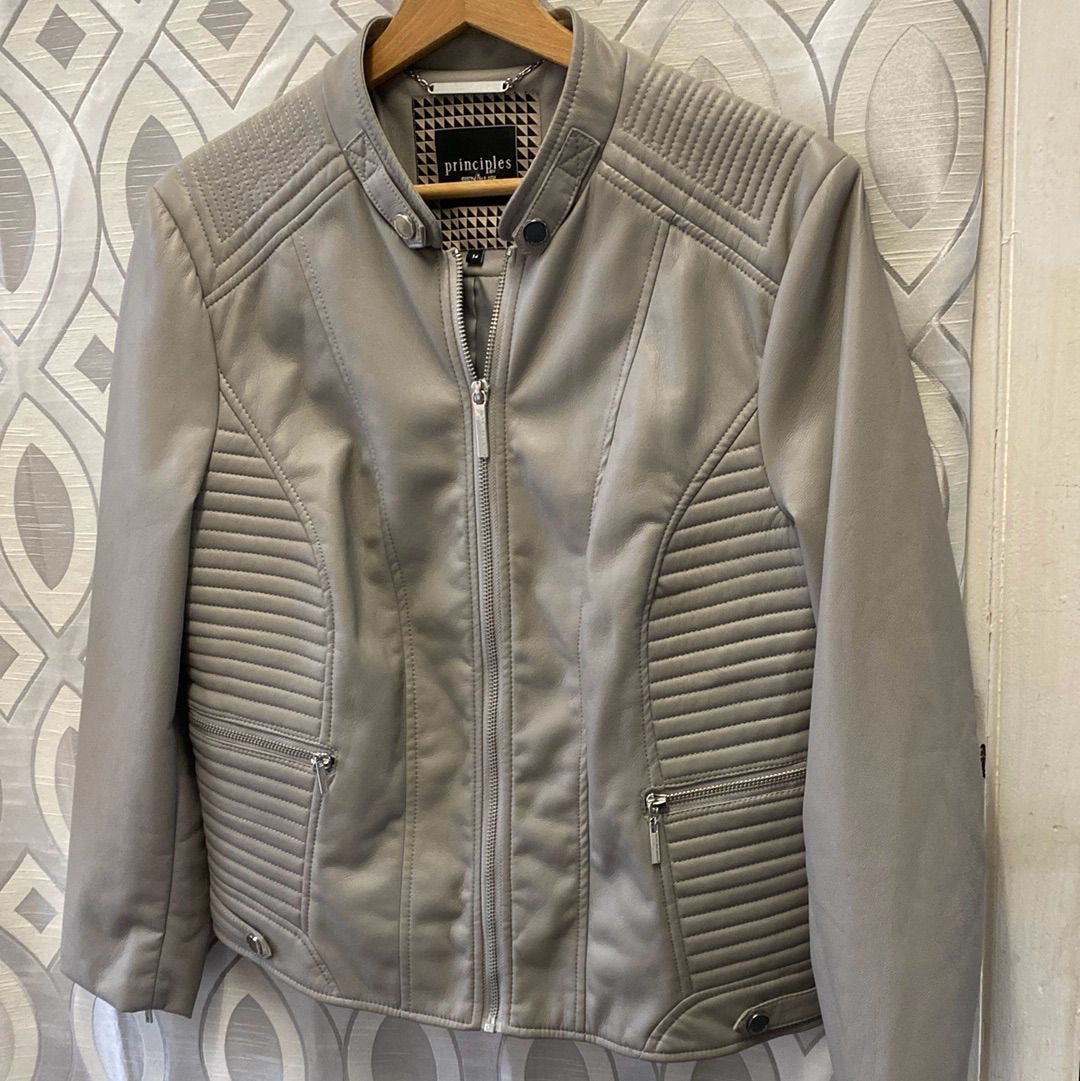 Principles Faux Leather Light Grey Biker Style Jacket size 14