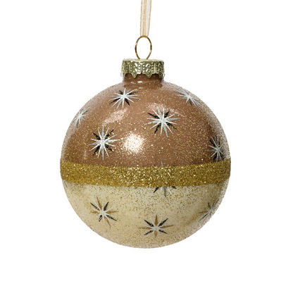 gold bauble, patterned with stars, glittery with a band of gold glitter going across the middle.
