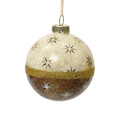 gold bauble, patterned with stars, glittery with a band of gold glitter going across the middle.