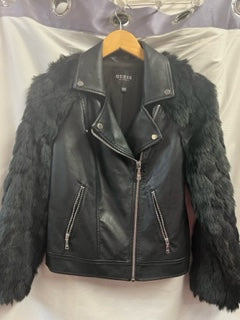 Guess Black Leather Jacket with Faux Fur Sleeves