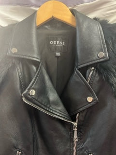 Guess Black Leather Jacket with Faux Fur Sleeves