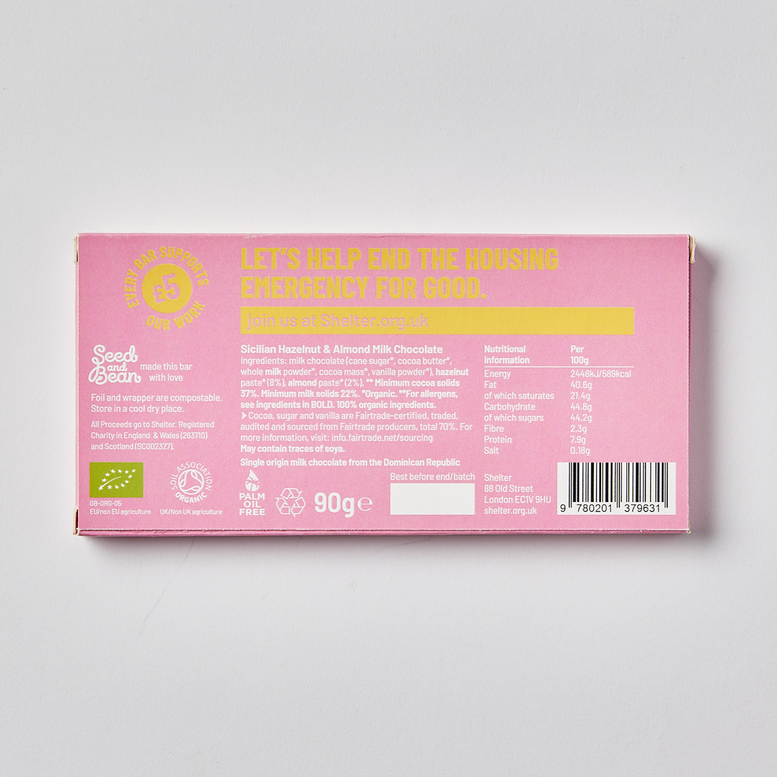 Pink wrapper chocolate bar showing nutritional information