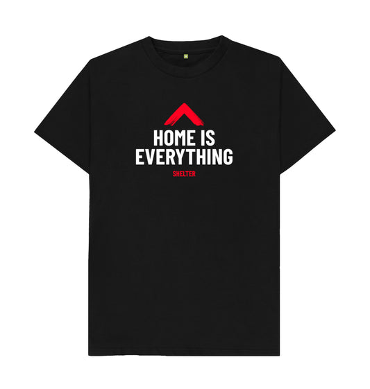 Black T shirt with the words 'Home is Everything' in white text with the Shelter roof logo in red above the words. 