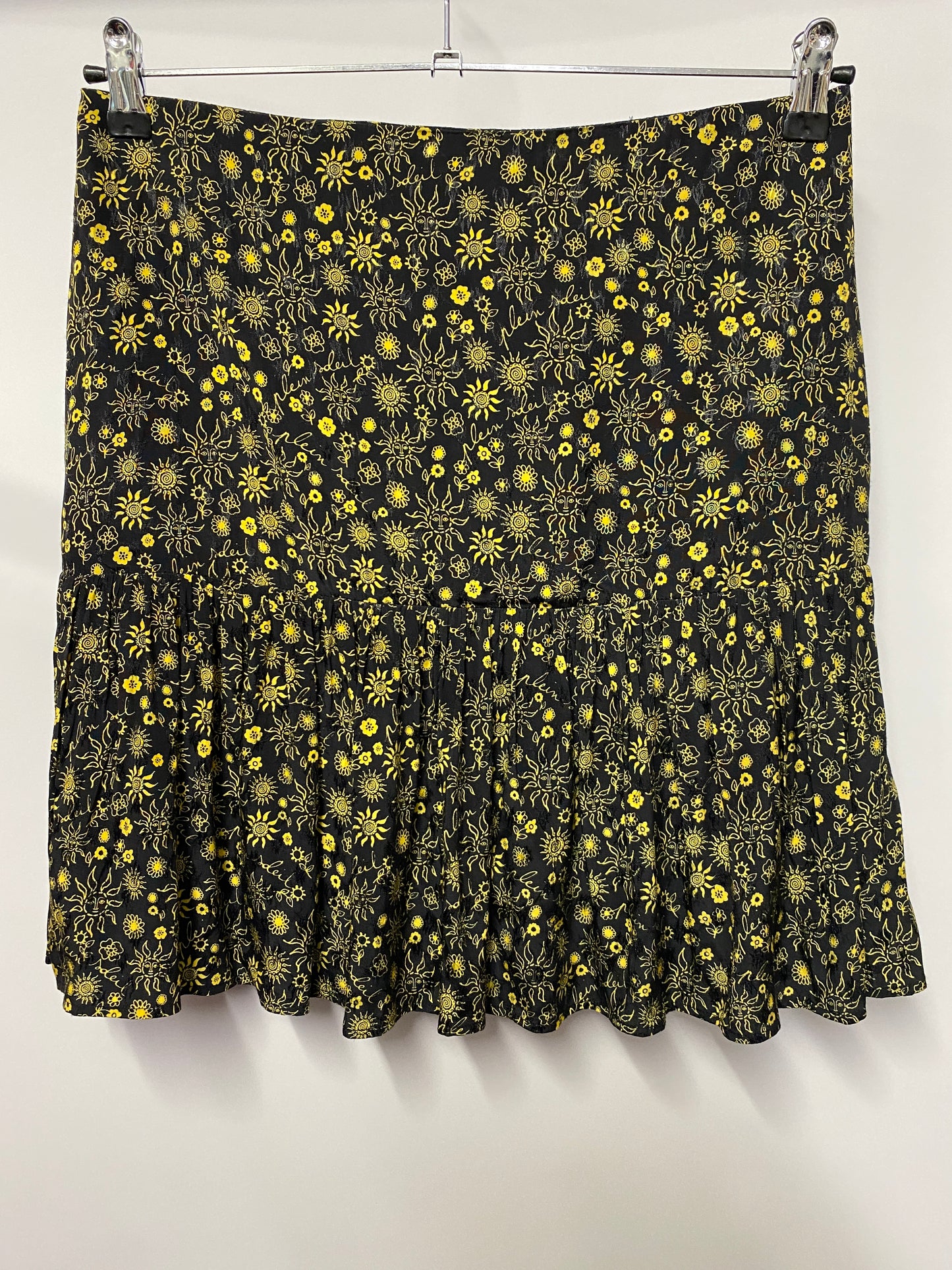 Sandro Black and Yellow Sun Face Printed Tiered Mini Skirt Large