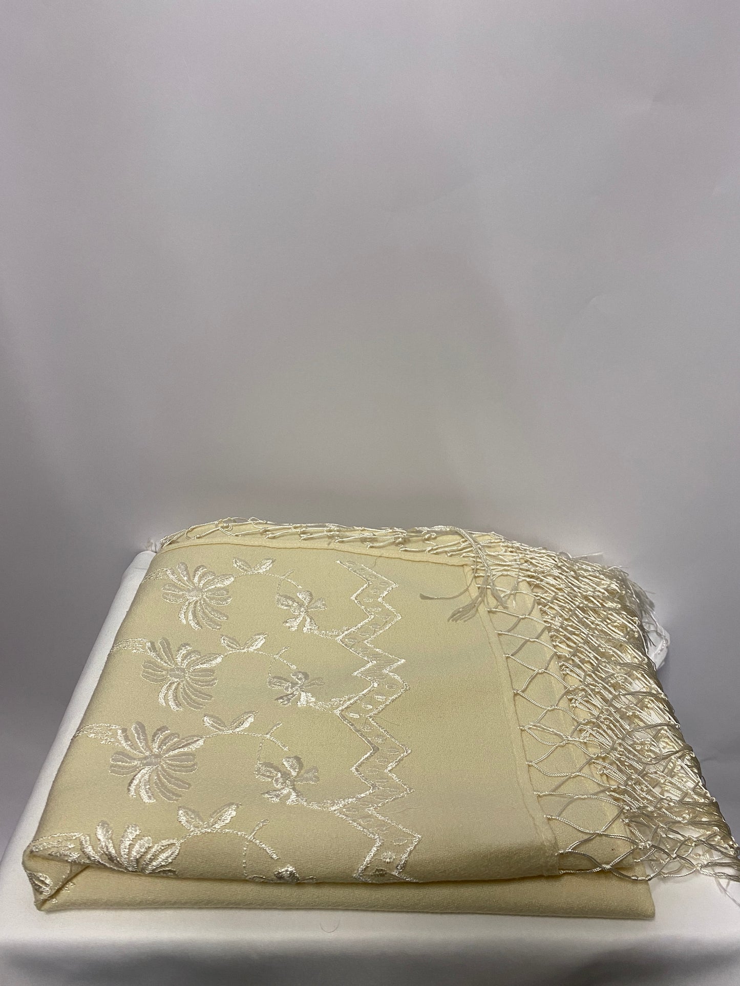 Traditional Vintage Cream Embroidered and Fringed Scarf Piano Shawl