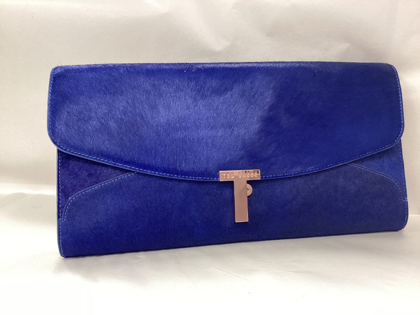 Blue Ted Baker Clutch Bag, Pony Hair, Gold Accents and Dog printed material inside lining