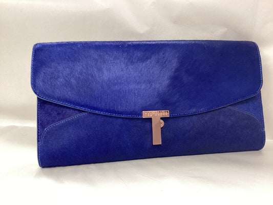 Blue Ted Baker Clutch Bag, Pony Hair, Gold Accents and Dog printed material inside lining