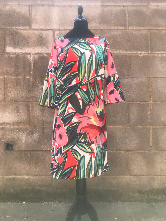 M&S Bright Floral Patterned Mid Length Dress with 3/4 Bell Bottomed Sleeves and  Square Cut Neckline