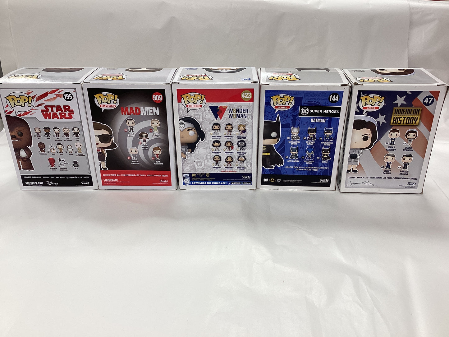 New mixed bundle Funko Pops - Jackie Kennedy (47), Batman (144), Peggy Olson (909), Glow in the Dark Wonder Woman (423), Chewbacca (195)