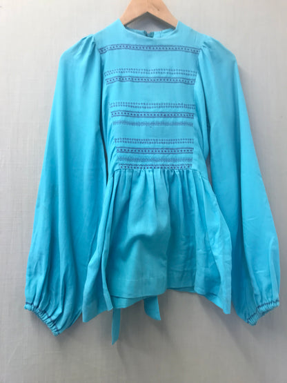 Vintage Retro Turquoise Blue Smock Boho Hippy Top Size S