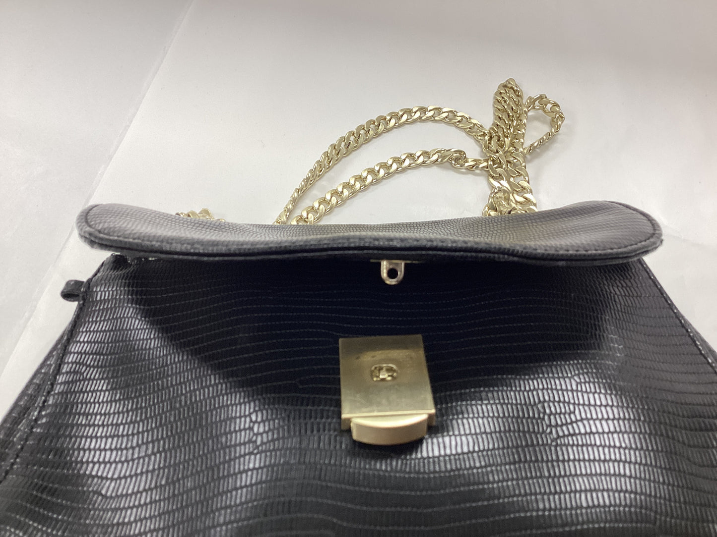 Radley London Black Leather Bag, Crocodile effect, with gold chain handle and pink slip cover
