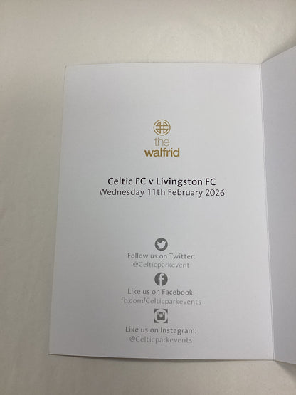 Celtic Hospitality Gifts from Celtic FC vs Livingston FC Match 11/02/2026. 2x Programmes, 2x Suit Carriers, 1x Laptop Bag, 1x Menu