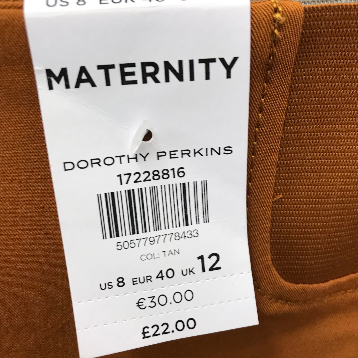 Dorothy Perkins Maternity Tan Trousers Size 12