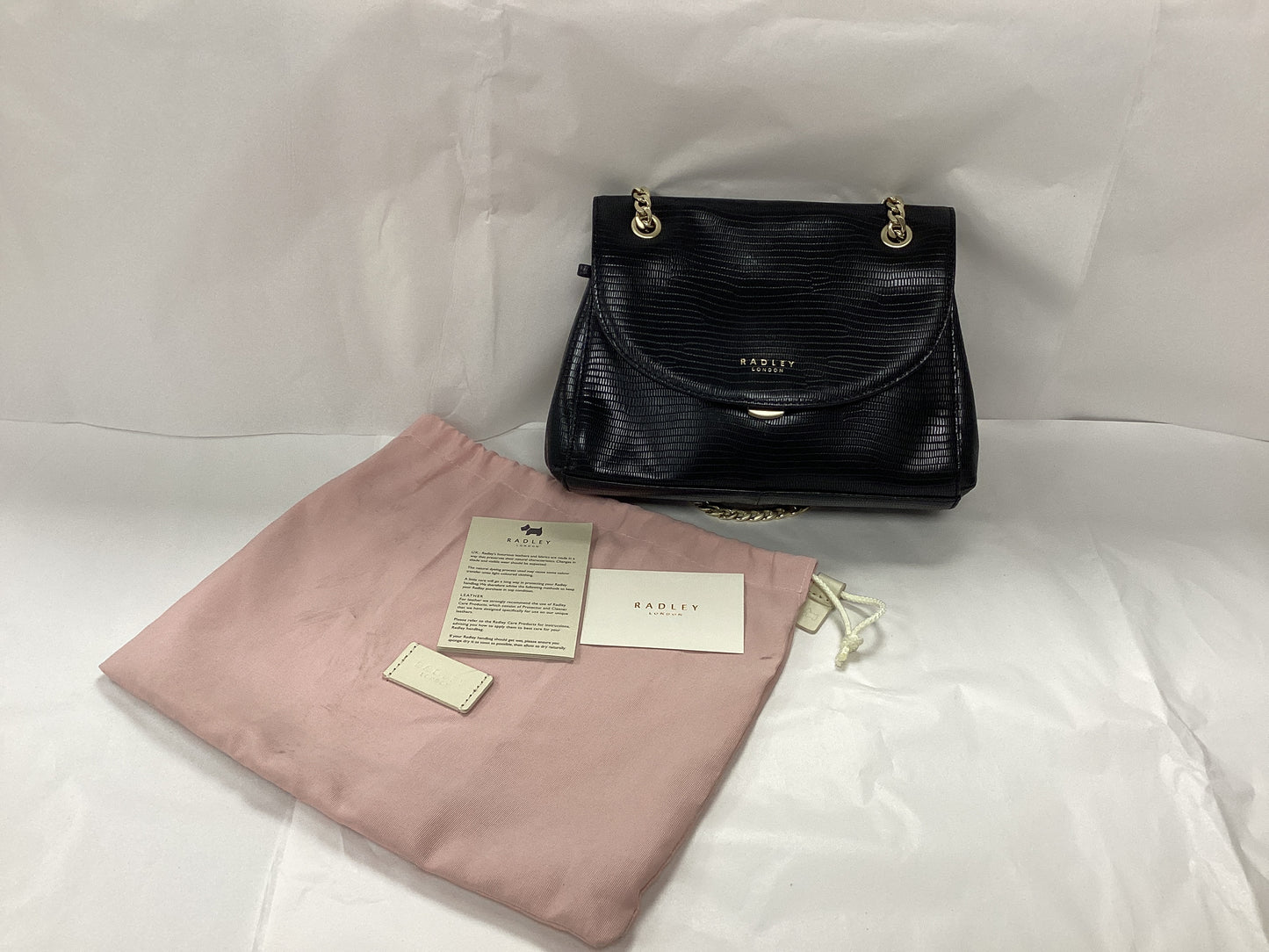 Radley London Black Leather Bag, Crocodile effect, with gold chain handle and pink slip cover