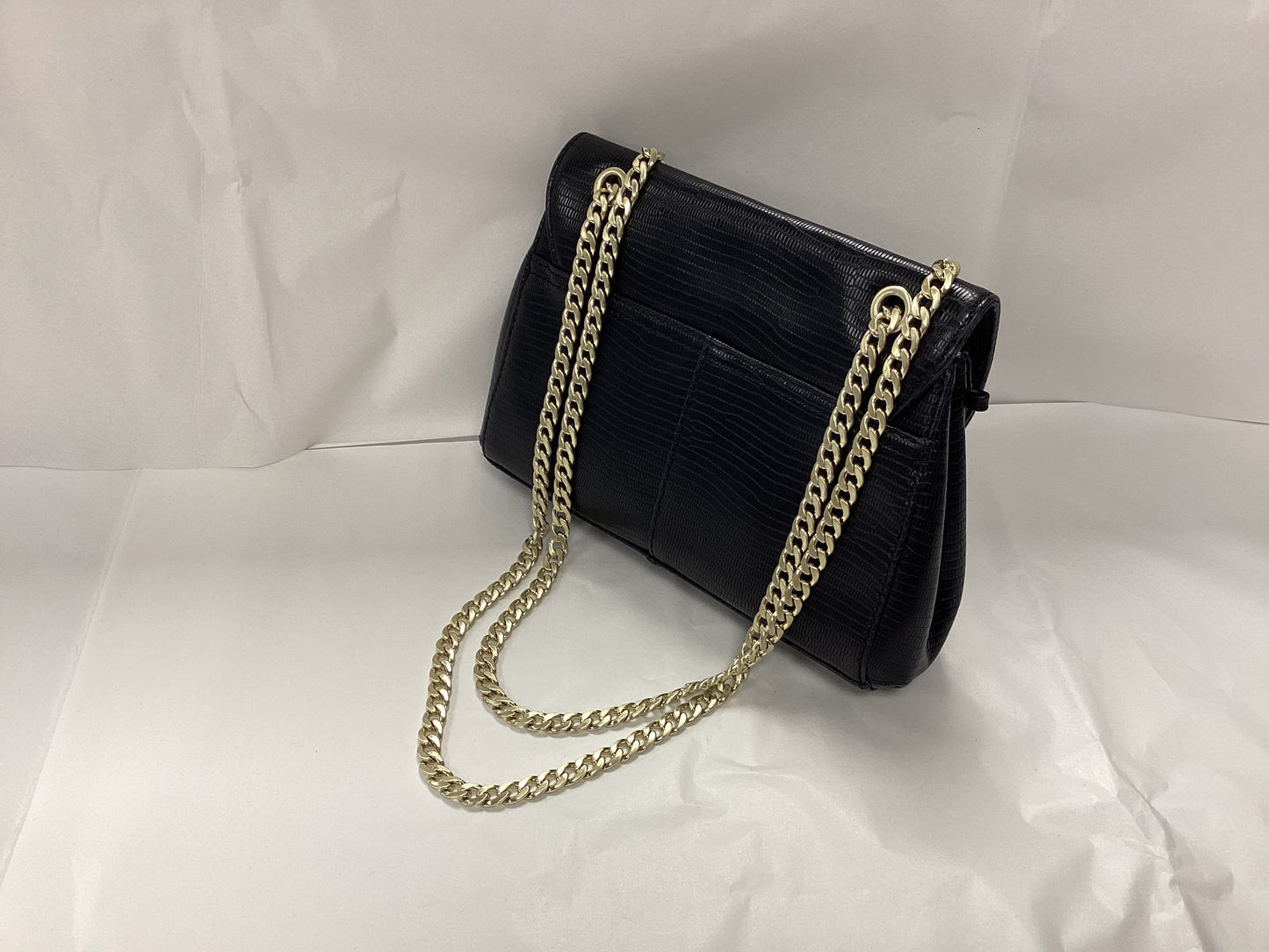 Radley London Black Leather Bag, Crocodile effect, with gold chain handle and pink slip cover