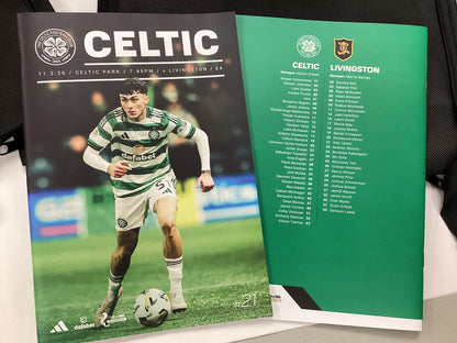 Celtic Hospitality Gifts from Celtic FC vs Livingston FC Match 11/02/2026. 2x Programmes, 2x Suit Carriers, 1x Laptop Bag, 1x Menu