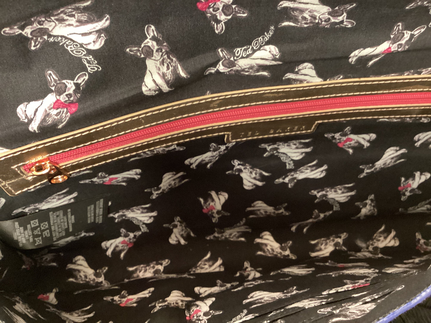 Blue Ted Baker Clutch Bag, Pony Hair, Gold Accents and Dog printed material inside lining