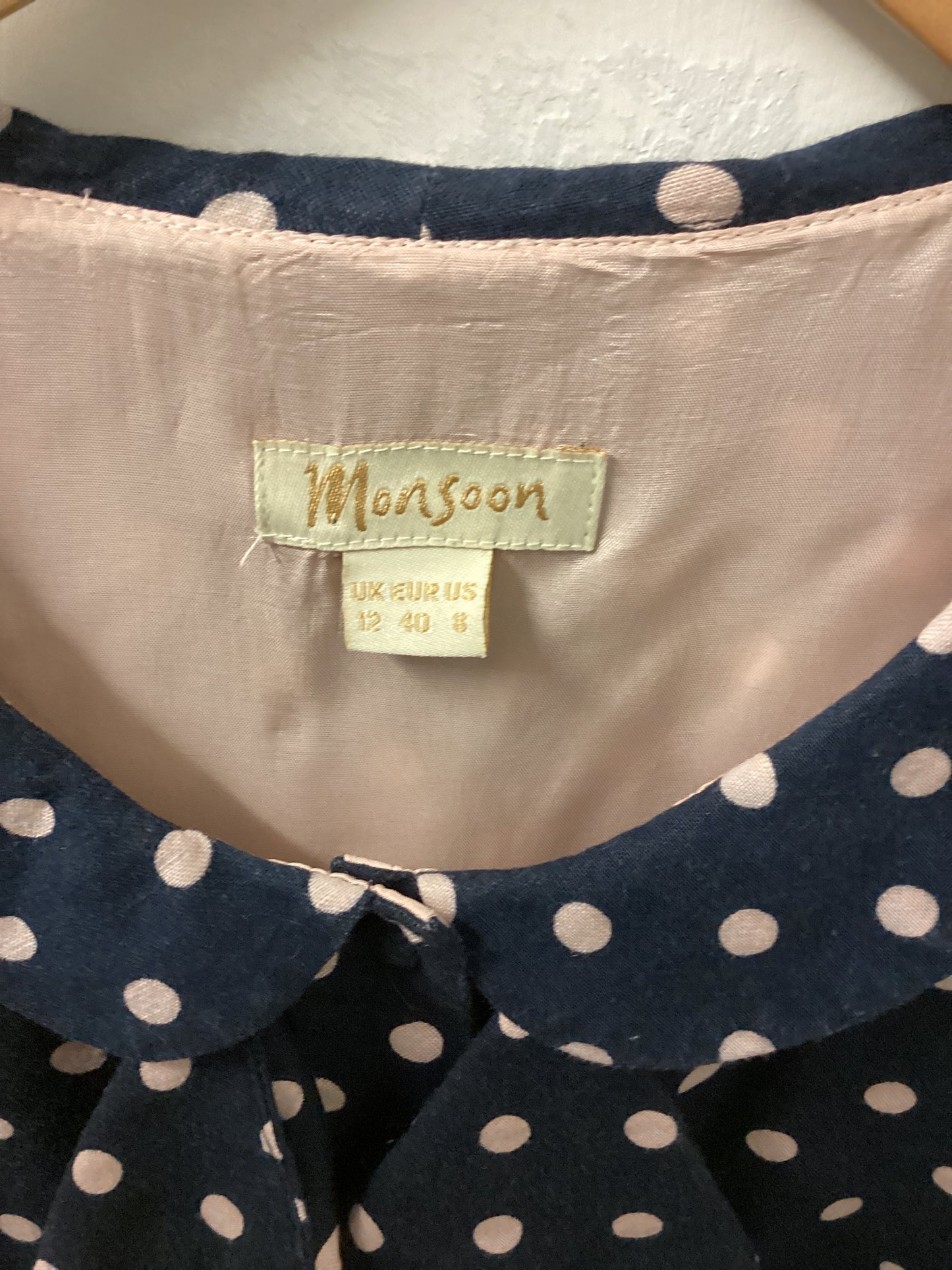 Monsoon Blue and Pink Dots Sleeveless Dress Size UK 12