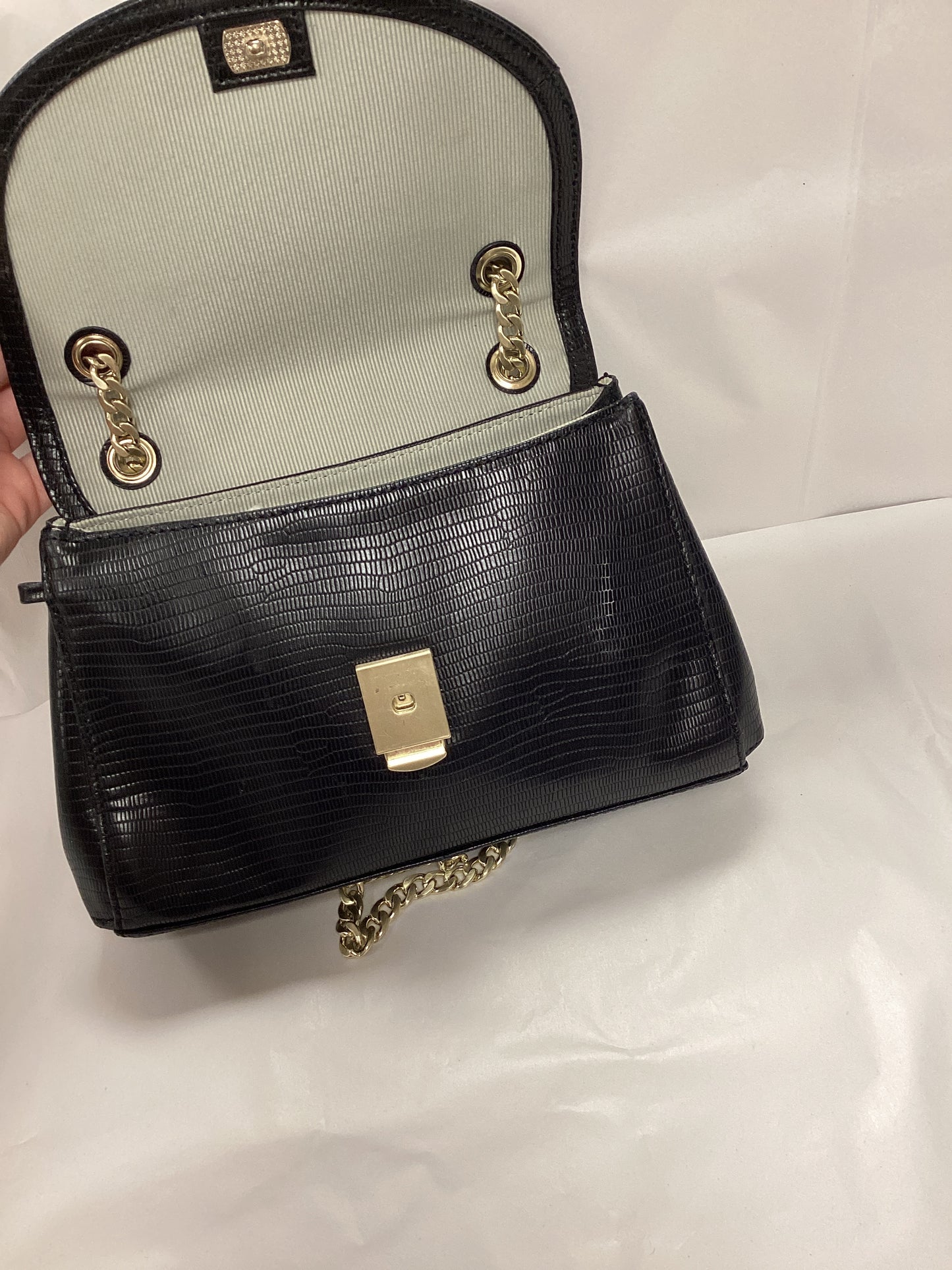 Radley London Black Leather Bag, Crocodile effect, with gold chain handle and pink slip cover