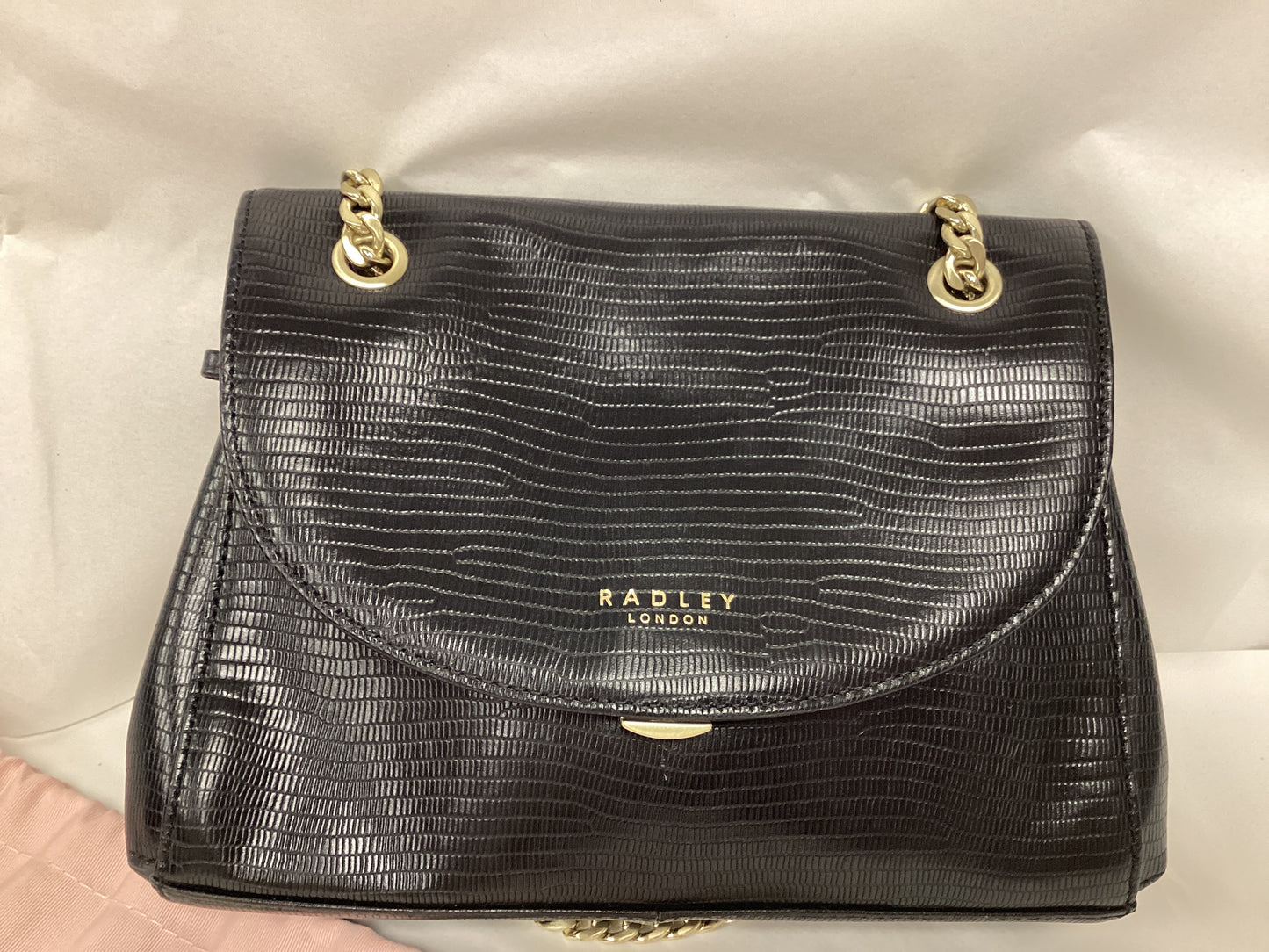 Radley London Black Leather Bag, Crocodile effect, with gold chain handle and pink slip cover